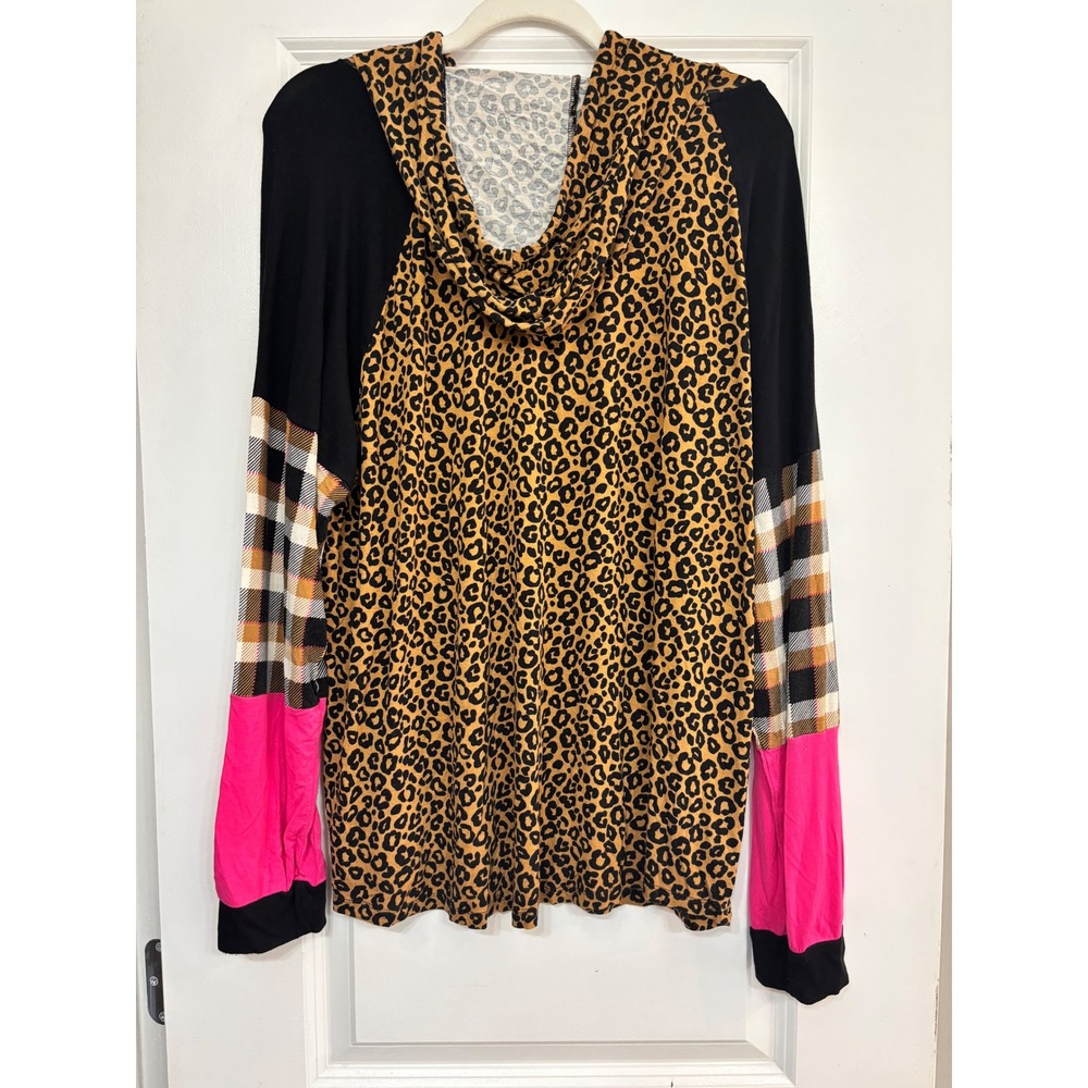 Cato Womens XL Leopard Print Colorblock Hoodie Plaid Neon Pink Mixed Media Top - Picture 4 of 7